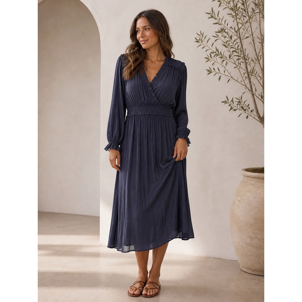 Reset by Jane Dark Blue Smocked Waist Ruffle V Neck Long Sleeve Midi Dress Small
